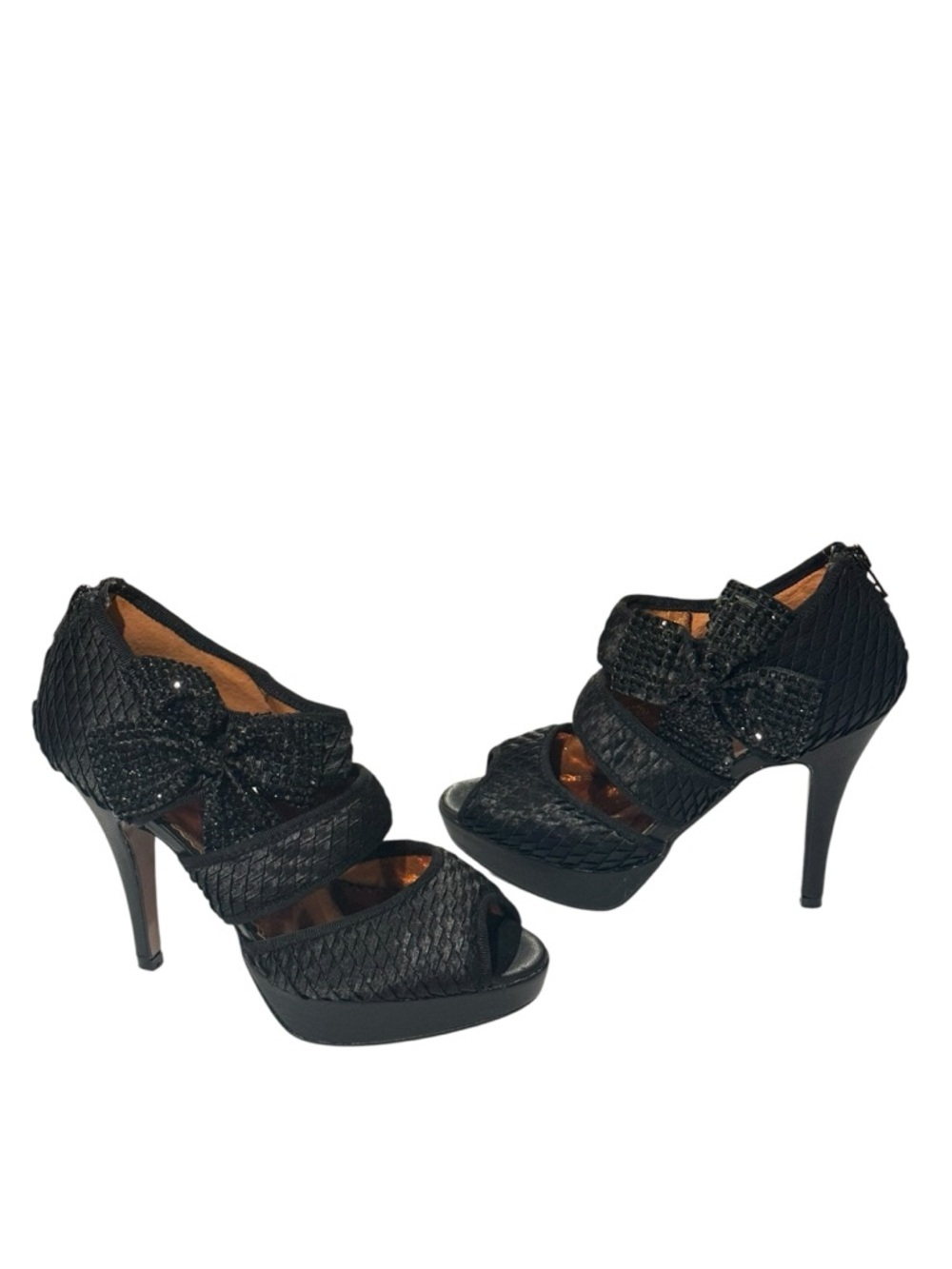 POETIC LICENSE Mistletoe Kisses Black Open Toe Rhinestone Bow 4” Heels Size 6 - Picture 4 of 13